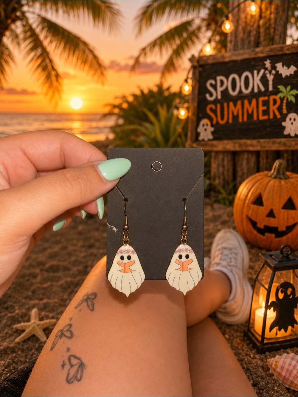 Cute Ghost Drop Earrings - White with Orange Accent